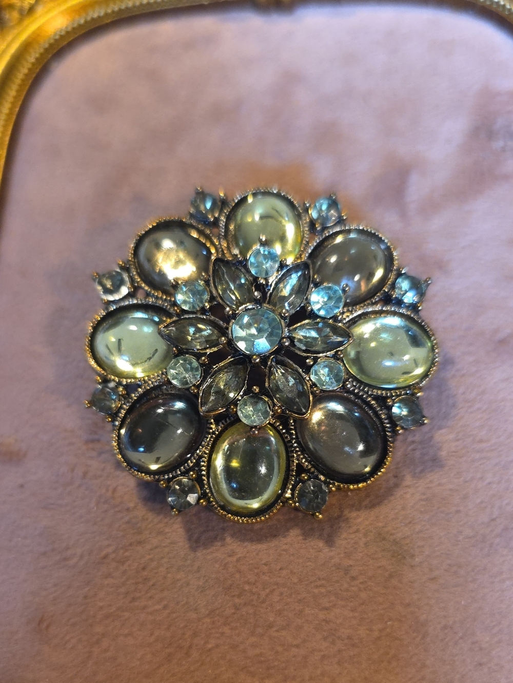 Vintage Style Olive Green Cabochon & Blue Rhinestone Floral Brooch Pendant